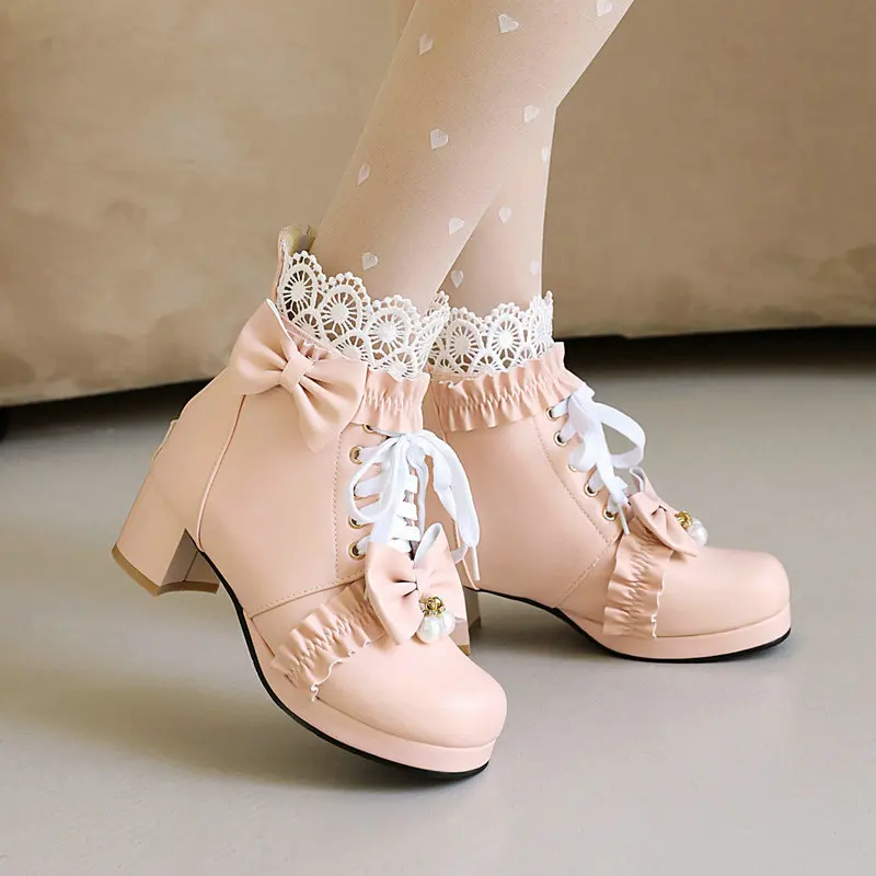 

Fashion Princess Platform Boots Winter Shoes Woman Lace Bowknot Chunky Heel Lolita Shoes Zipper Girls Boots Large Size28-43