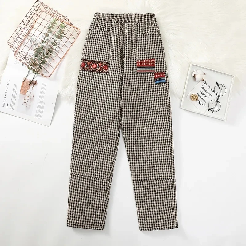 Loose Elastic High Waist Warm Cotton Pantalones Mother's Casual Quilted Thicken Pants Vintage Patchwork Plaid Winter Pants Women