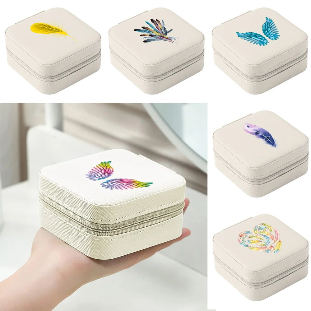 Portable Jewelry Box Jewelry Organizer Display Feather Print Travel Jewelry Case Boxes PU Leather Storage Zipper Jewelers Gifts portable travel pu leather jewelry storage box ring earrings waterproof collection box necklace bracelet organizer accessories