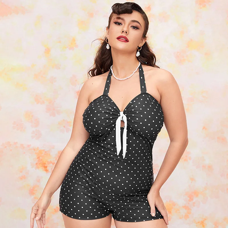 

YEAE Plus Size Women's Flat Front Halter Swimsuit Dot Printed Swimwear Hanging Neck Quick Dry Stretchy Conservative Swimming