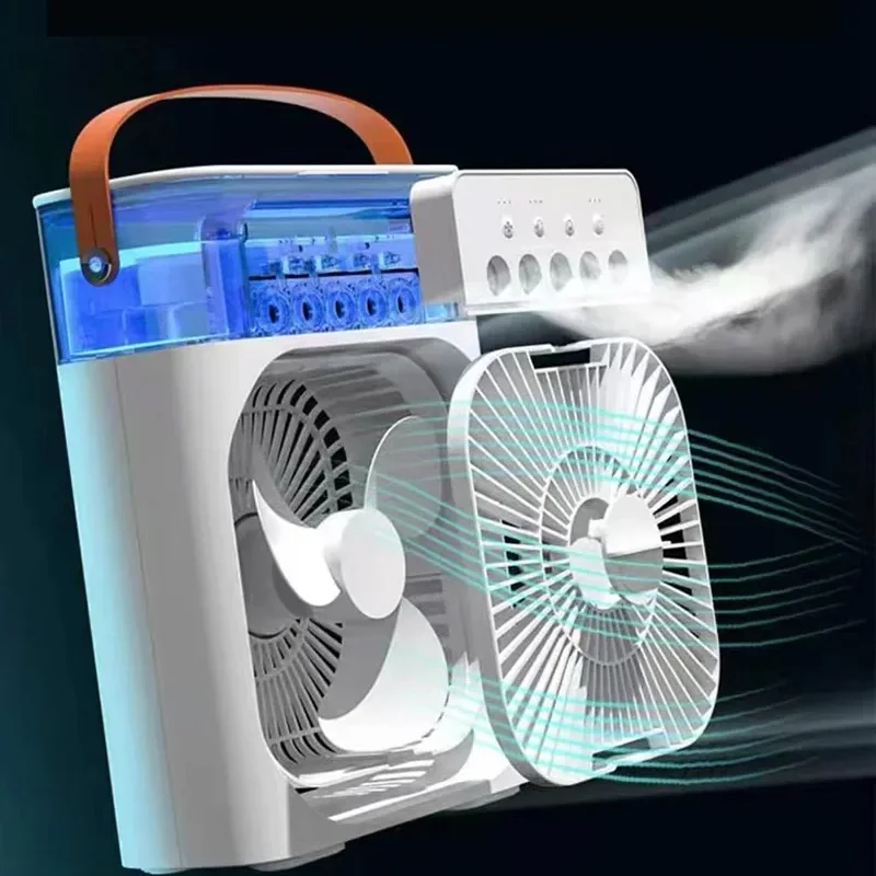 Ventilador portátil de aire acondicionado, humidificador de aire 3 en 1 con  USB, luz LED nocturna, nebulizador de agua, para el hogar
