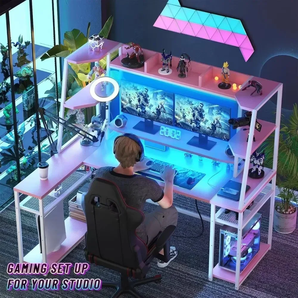 L-Shaped PC Gaming Desk with LED Lights & Power Strips with Storage with Monitor Stand & Hook  63'' Large L Shaped Gaming Desk 4