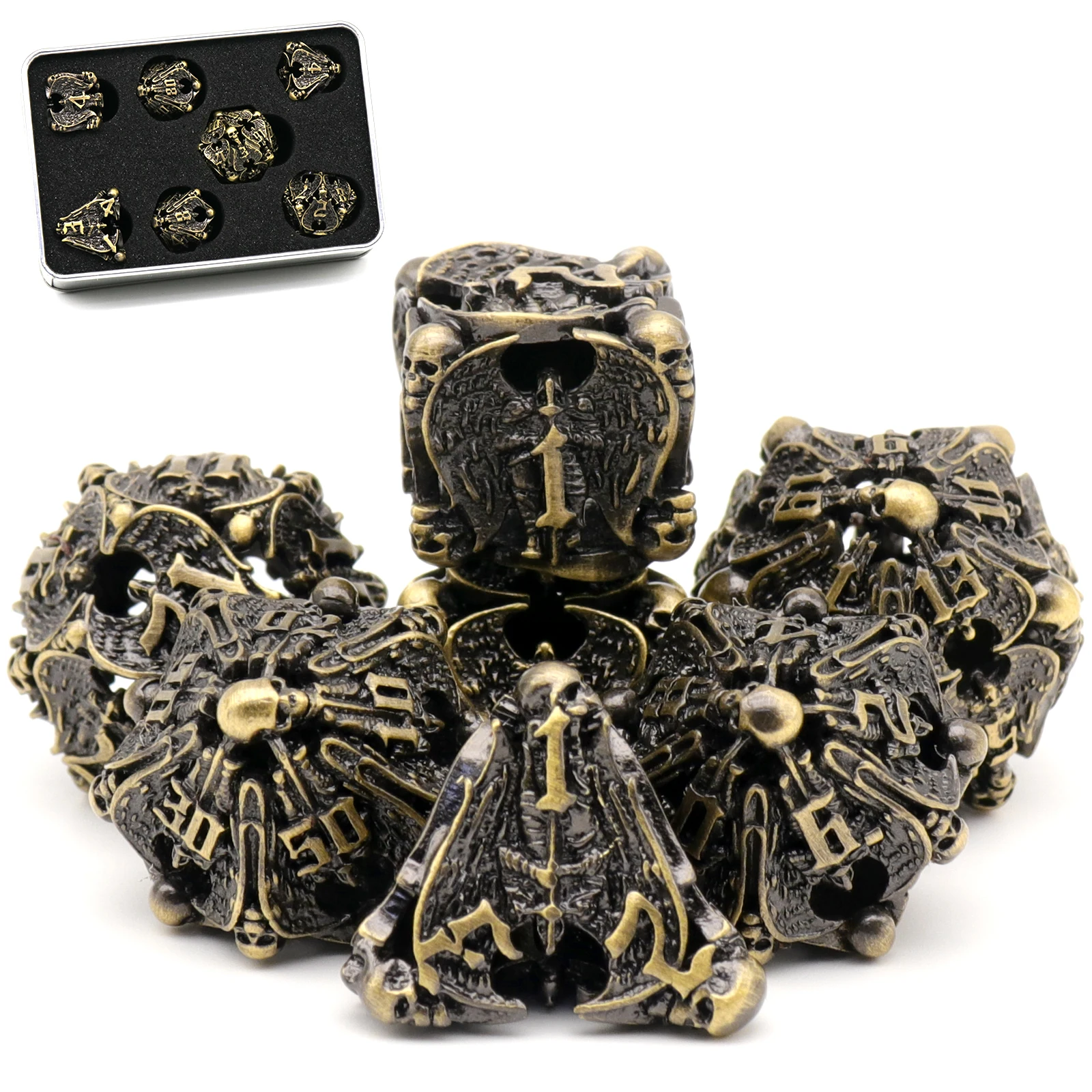 

Hollow Metal DND Dice Set,ZHOORQI 7Pieces D&D Dice Set for Role Games,Pathfinder,Table Games (Bronze)