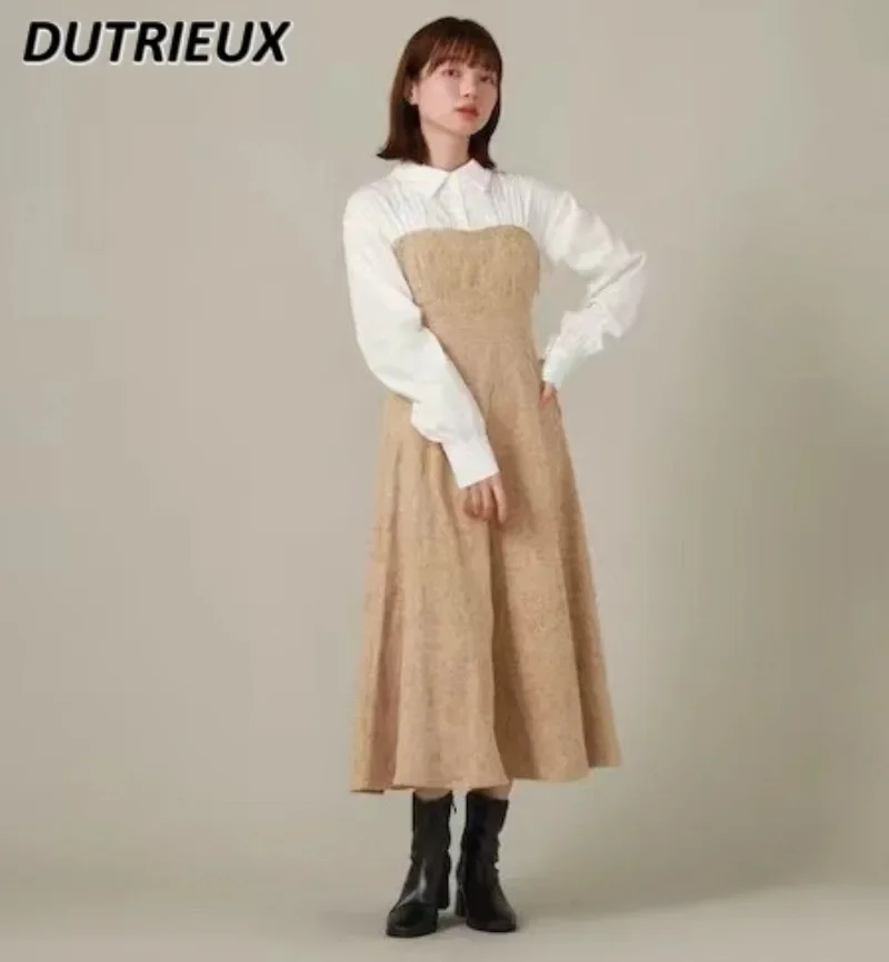 

Japanese-Style Retro Patchwork Waist-Slimming Fake 2-piece Shirts Dress Spring and Autumn New Long Sleeve Mid-length Dresses