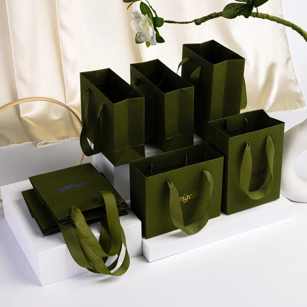 50Pcs Small Paper Tote Bag 15x6x12cm Olive Green Shopping Bag Custom Logo Beach Swimsuit Sunglasses Jewelry Cosmetic Storage Bag