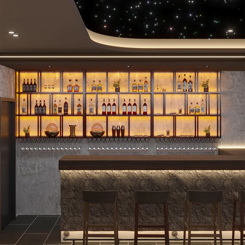 Open Wall Mounted Wine Rack Bar Counter Wine Cabinet Storage Iron Art Red Display Bar Shelves Wall Living Room Equipment