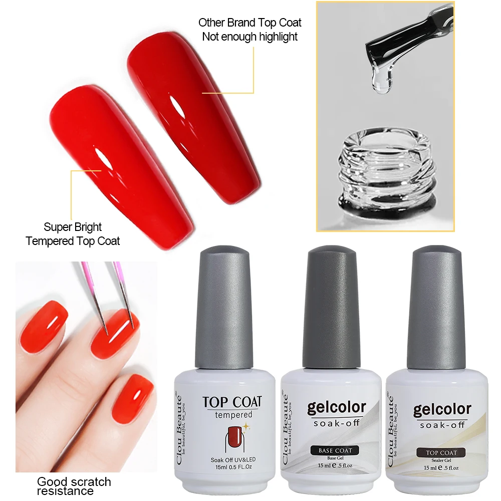 15ml UV Gel Nail Gel Polish No Wipe Tempered Top Coat Base Coat Primer Manicure 400+ Color Clou Beaute