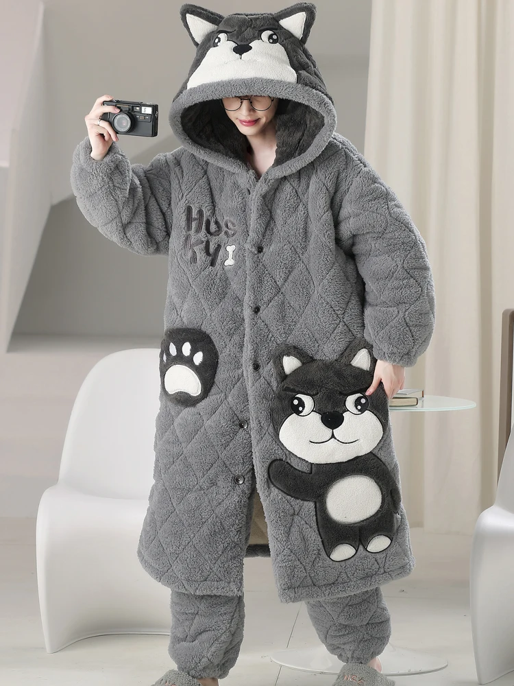 Pajamas Adult Thickened Warm Cartoon Cute Embroidered Autumn and Winter Coral Quilted plus Velvet Nightgown Long Homewear Suit