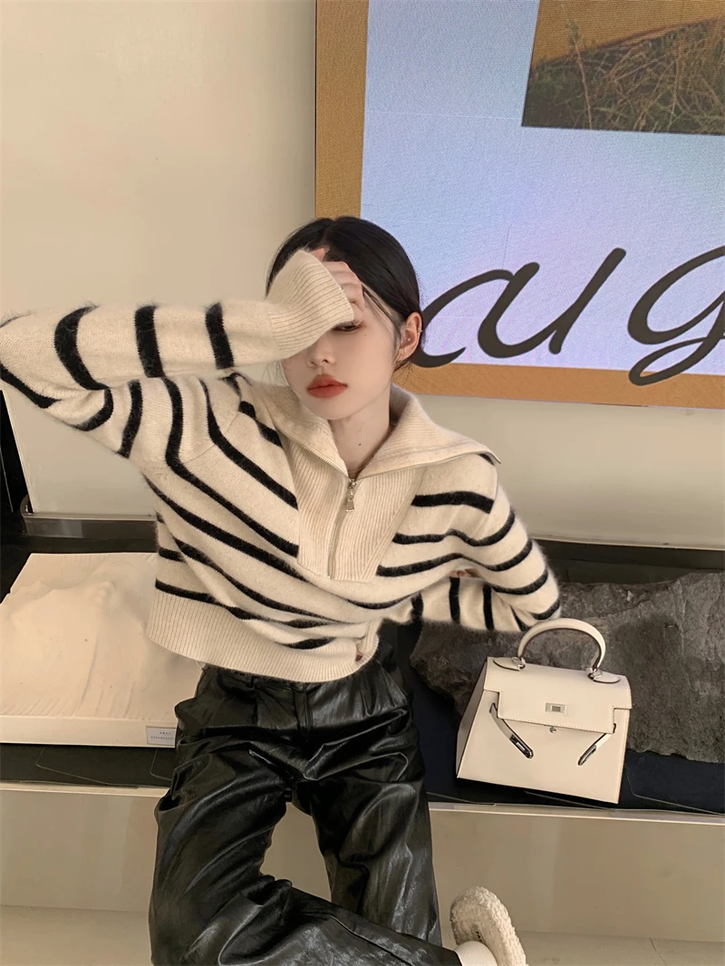 Women's Striped Sweater Zip Thick Fall Loose Turtleneck Knit Jumper Turn-down Collar Casual Oversize Fashion Women Sweaters