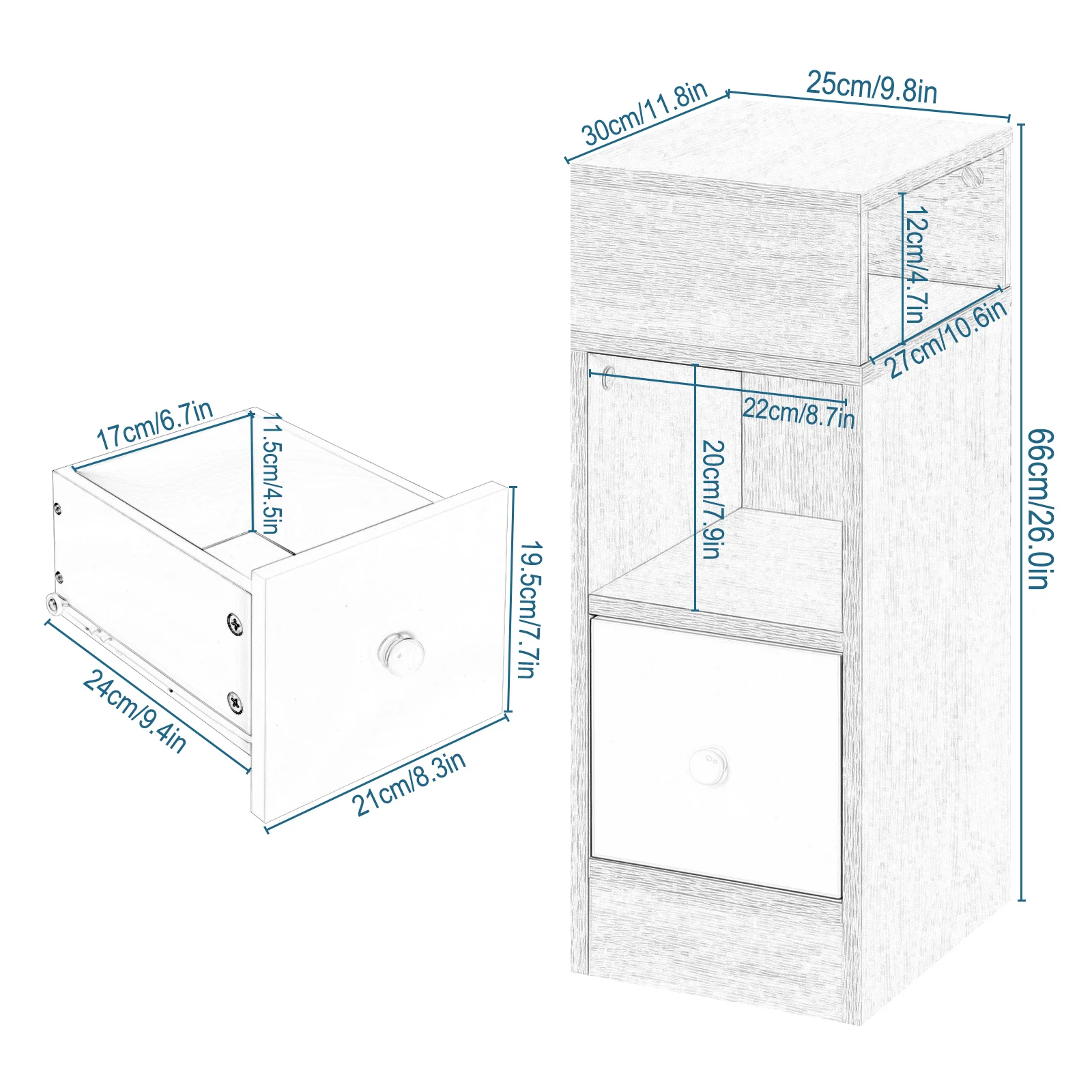 2PCs Bedroom Bedside Table with 2Open Shelves 1Drawer 25x66x30cm Slim Small Storage Cabinet Nightstand Space-Saving Home Decor - Image 4