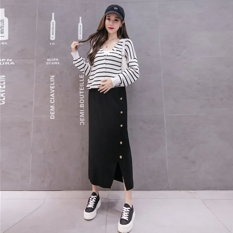 Fashionable Knitted Maternity Skirt Mid-Length Slimming Belly Covering One-Step Split Design Autumn Winter Style Pregnant Women