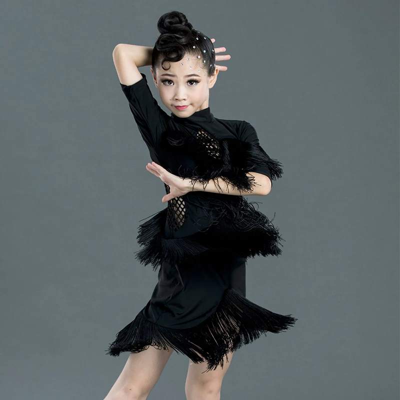 New Children Latin Dance Dress 2021 Spring Autumn Girls Competition Performance Fringe Dress Backless Tassel Dress