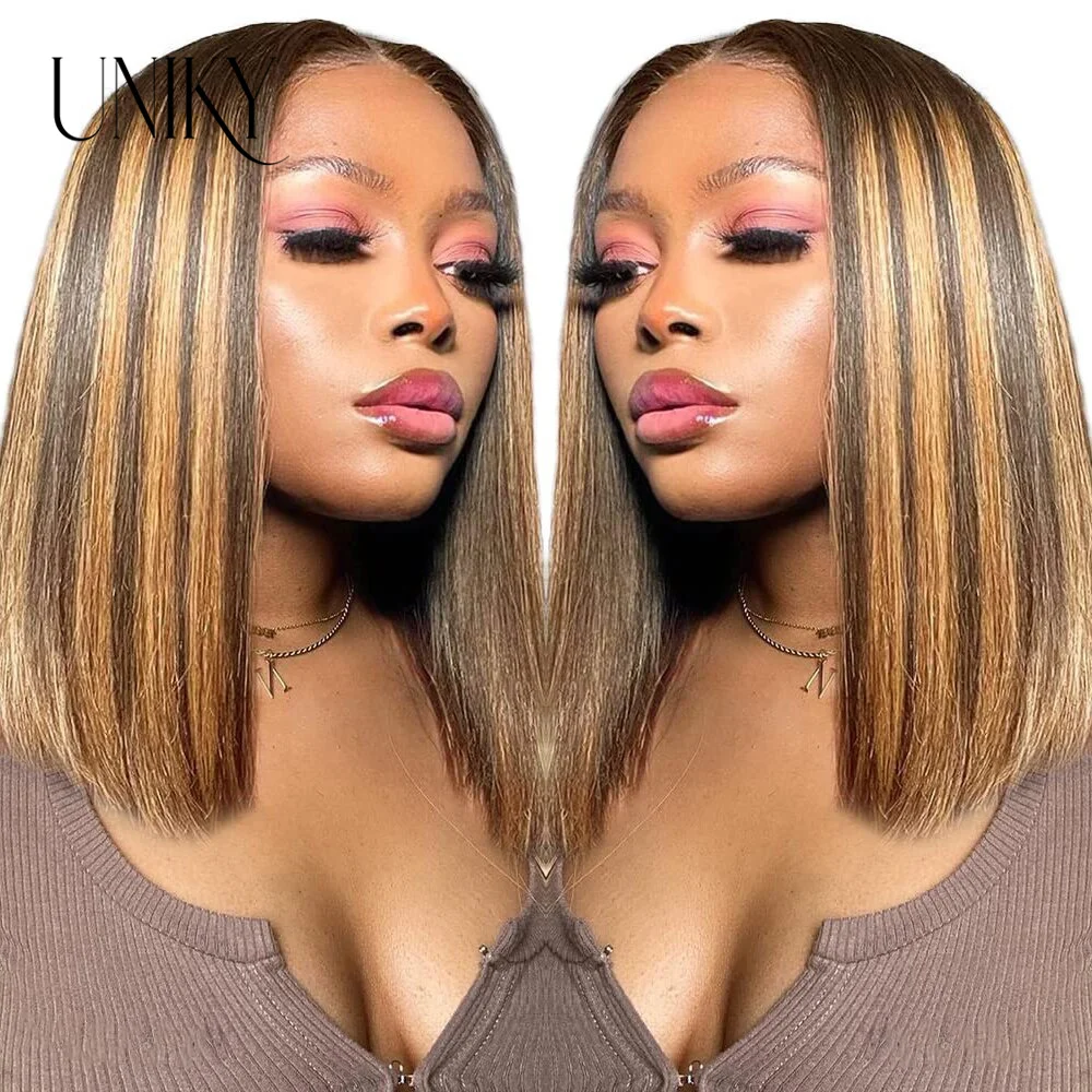 

Ombre 4x4 Lace Closure Wig Highlight Colored Human Hair Wigs Highlight Brown Bob Wigs Straight Remy Hair 180 Density Uniky Hair