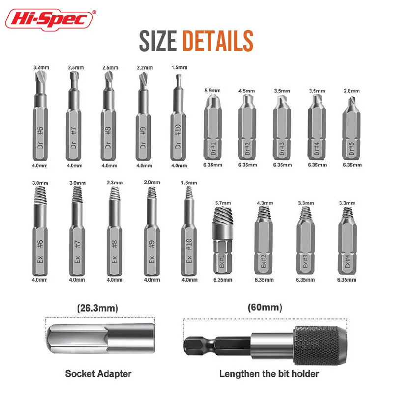 22Pcs Extractor Drill Bit Set Stripped Broken Screw Bolt Remover Stud Slip Teeth Damaged Demolish Stripped Broken Tools