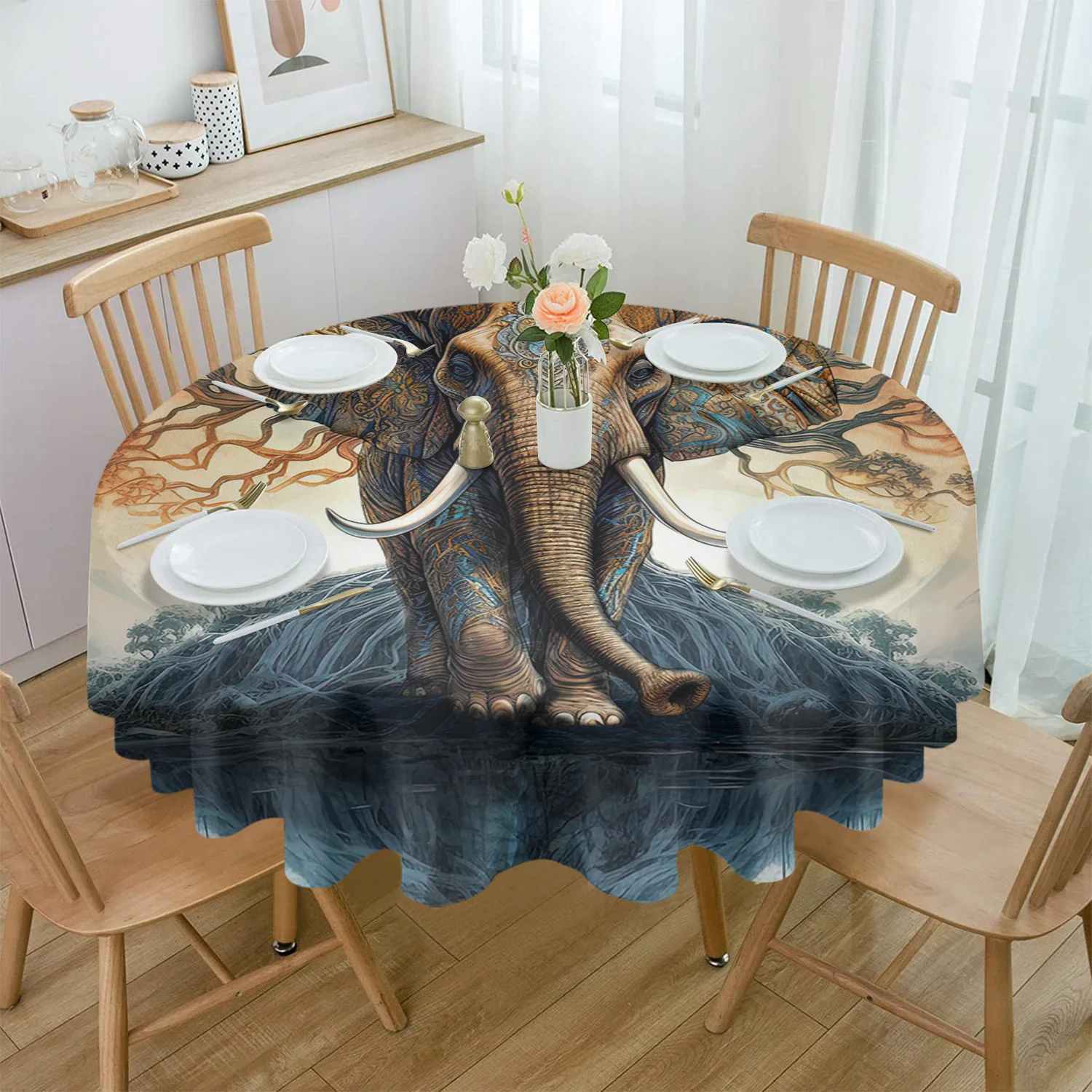 Elephant Bohemia Tree Tablecloths for Dining Table Waterproof Round