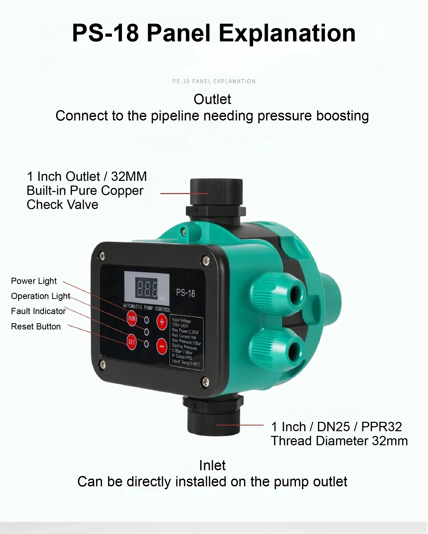 S18 Water Pump Pressure Controller Adjustable Pressure Automatic Switch Pipeline