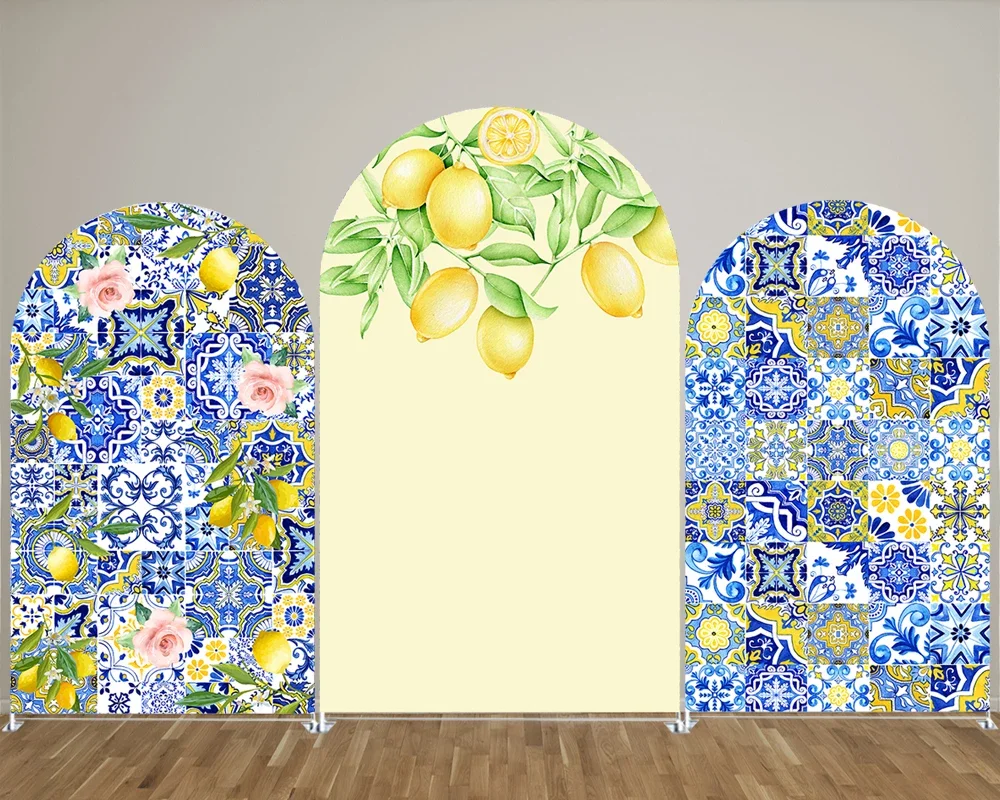 

Blue and White Porcelain Lemon Double Sided Arch Backdrop Cover for Theme Parties, Newborn Photograph Decoration Props
