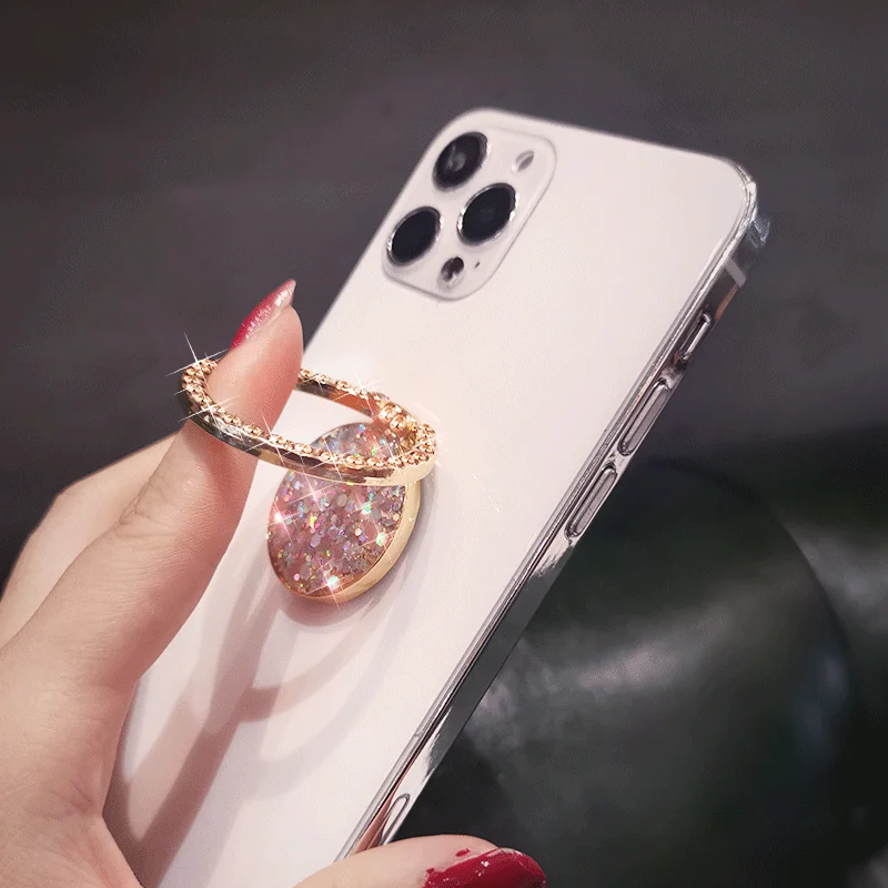 Bling Glitter Sequin Finger Ring Holder for For IPhone X 8 7 11 12 Pro Redmi Samsung Round Phone Table Holder Rotation Stand