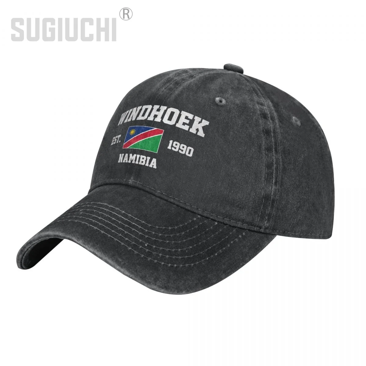 

Flag of Namibia EST.1990 Windhoek Unisex Adult Charcoal Washed Denim Baseball Cap Men Vintage Cotton Dad Patriotic Trucker Hat