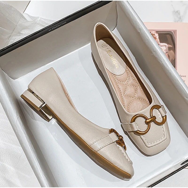 Plus Size 35-43 Women Low Heel Pumps Shoes Metal Buckle Decoration Flats Office Lady Slip on Leaher Loafers Spring Fashion M6-6