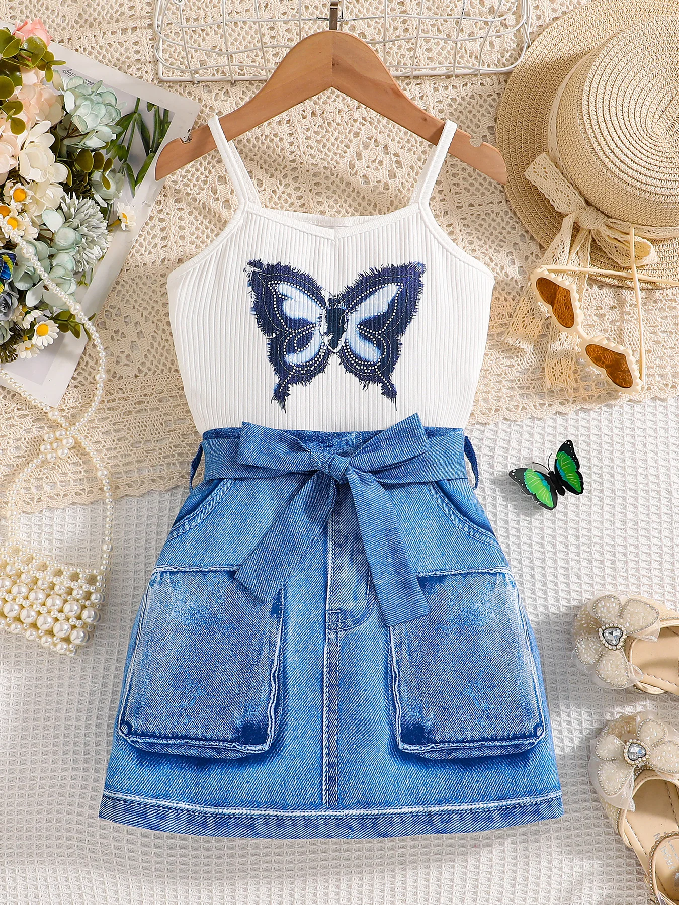 2025 Summer girls fashion casual 2-piece butterfly halter vest top + imitation denim stretch casual skirt casual suit