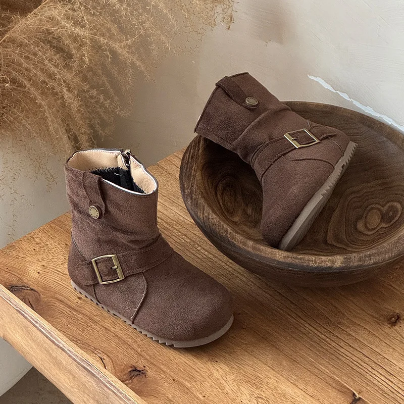 Kids Short Boots Retro Korean Style Girls Princess Boots Round Toes 2025 Autumn Winter Children Leather Boots Withside Zipper
