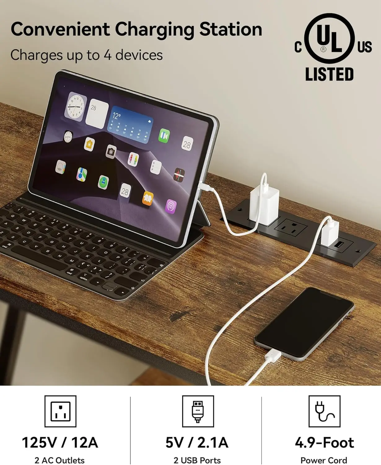 47.2" Narrow Entryway Table with Power Outlets, Industrial 4-Tier Console Table with Storage, Small Sofa Table Behind The Couch