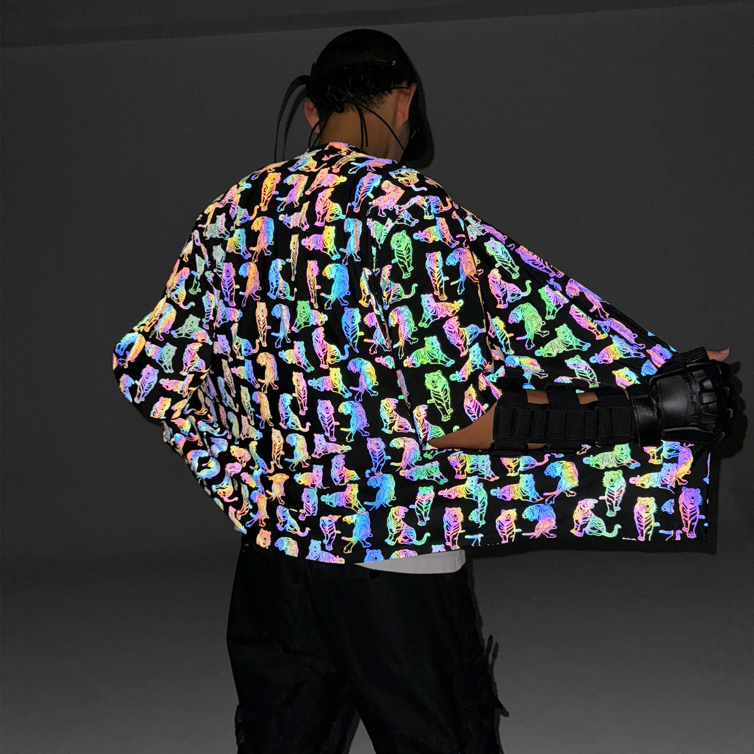 Men Autumn Colorful Reflective Punk Hip Hop Short Sleeve Shirt Japanese Style Knitted Cardigan Kimono