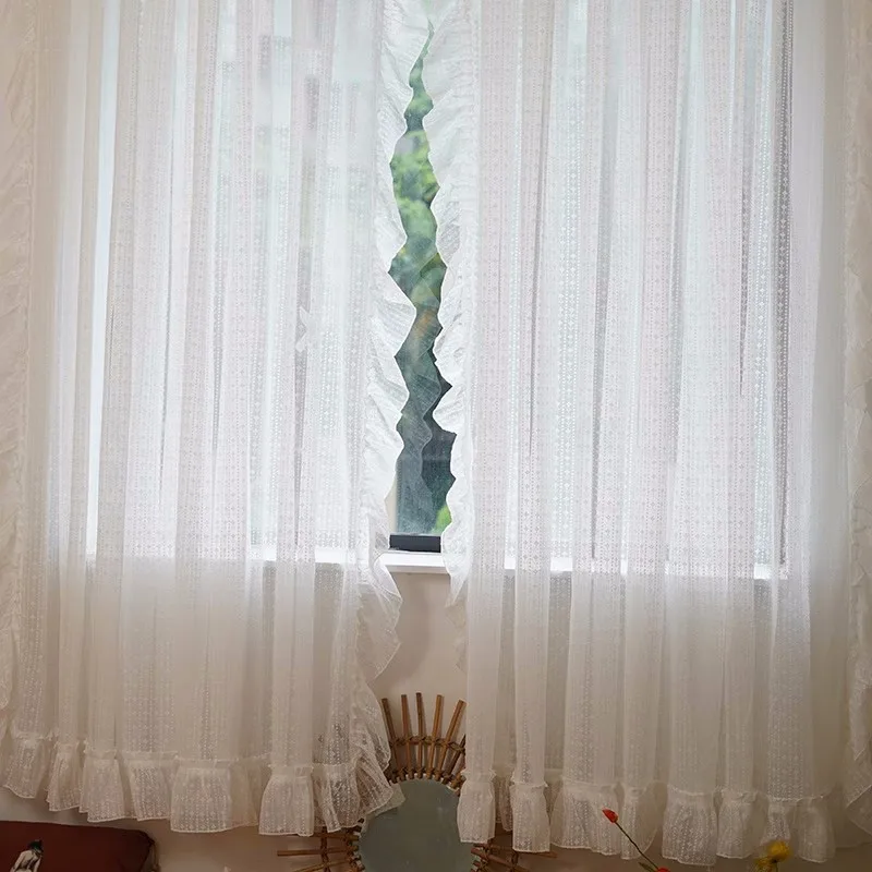 Rideaux transparents à rayures blanches, draperies filtrantes en Tulle, Design romantique à volants, lumière pour chambre à coucher, rideaux de fenêtre de baie vitrée française
