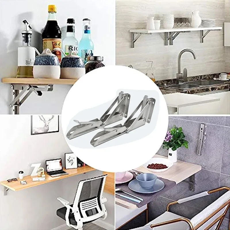 2-Pack Brushed Stainless Steel 8-18 Inch Adjustable Folding Angle Bracket Heavy-Duty Wall-Mounted Shelf Support Triangle