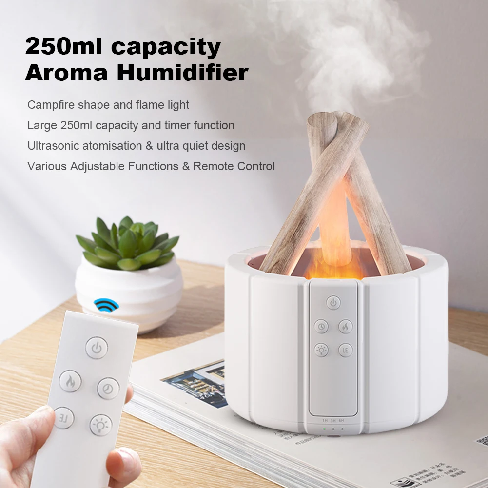 250ml Ultrasonic Aroma Diffuser Auto Shut-Off Cool Mist Humidifier Night Light Simulated Campfire Diffuser with Remote Control