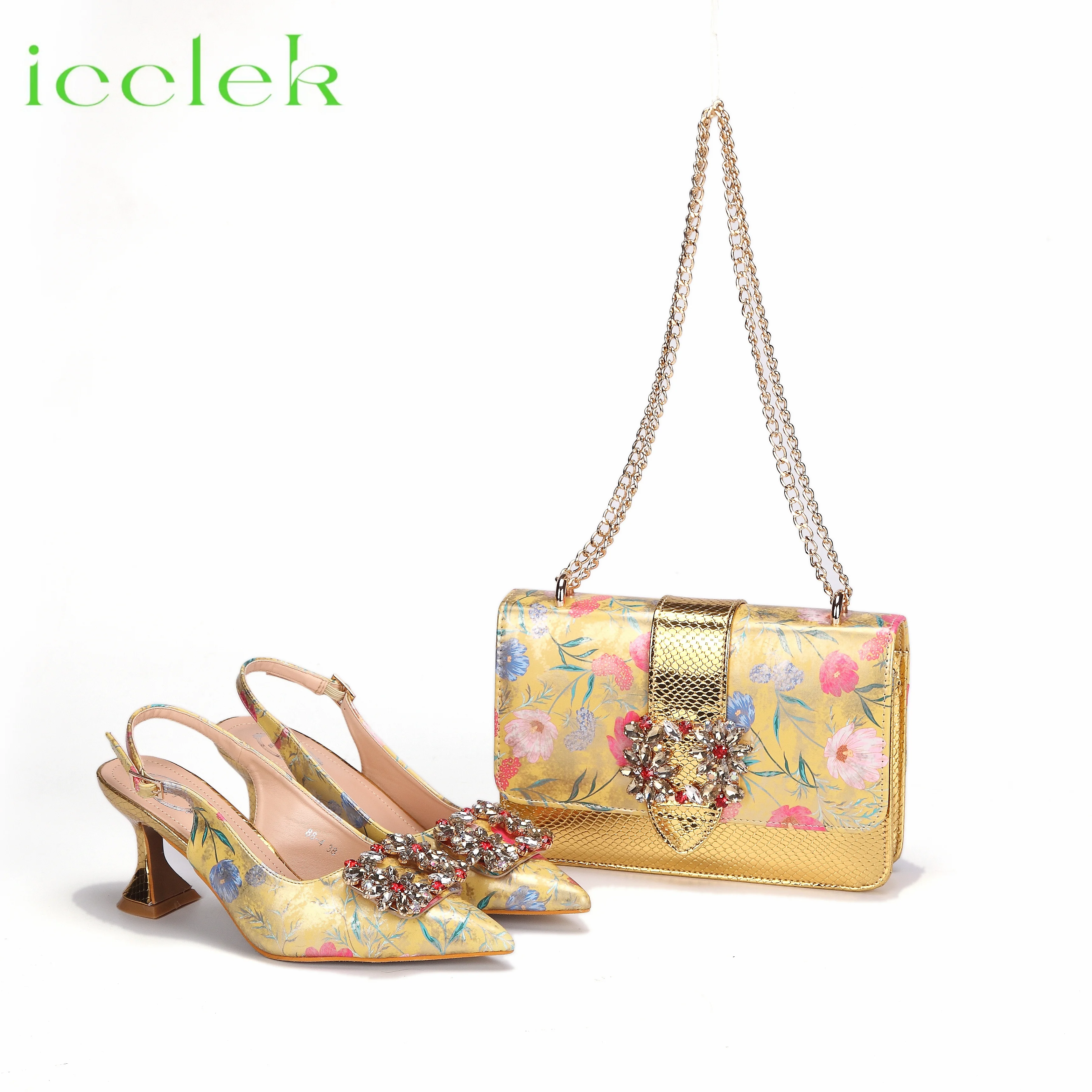 Women High Heels Sandals Printing Flower Material with Rhinestone Italian Design Coffee Color Pointed Toe Shoes and Bags Set