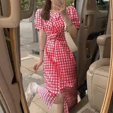 

VONDA Fashion Women Short Sleeve Long Dress Ladies Plaid Midi Robe Femme Clothing Casual Sundress O Neck Party Vestido Oversized