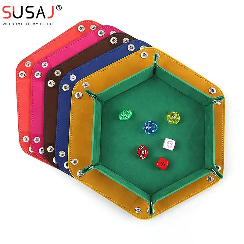 

Rolling Folding Hexagon Dice Tray Board Game Storage Double Sided Thick PU Leather&Velvet Dice Box With 6 Snap Fastener
