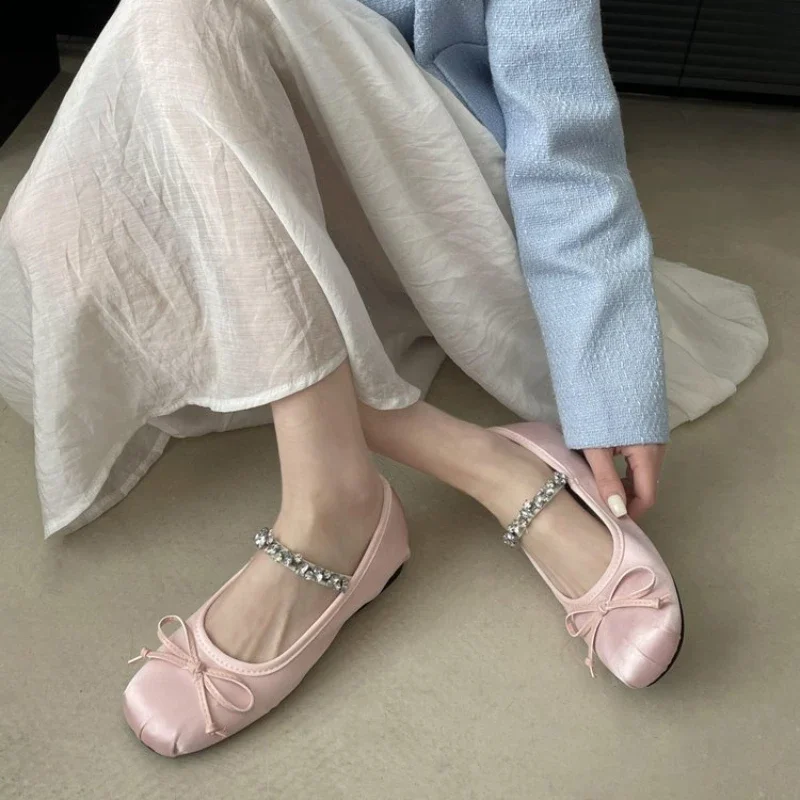 2024 New Spring Summer Flat Rhinestone Ballet Shoes Women's Shoes Retro Satin Mary Jane Shoes Ballet Flats Women Zapatos Mujer