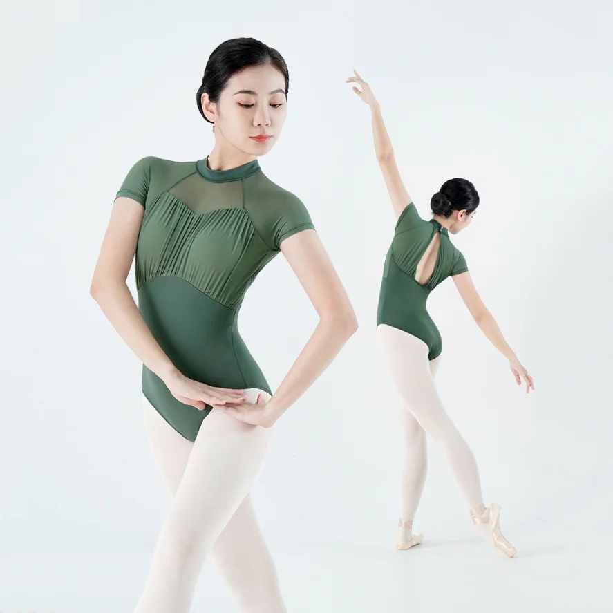 

Women Short Sleeve Ballet Bodysuit Ballerina Costume Adult green Ballet Leotards Gymnastics Leotard professional Dancewear black