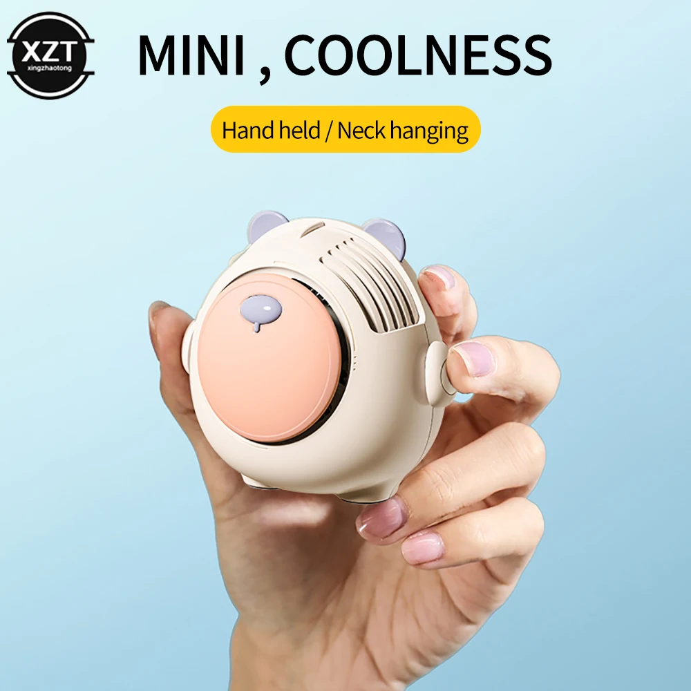 Cartoon Hanging Neck Mini Electric Fan USB Rechargeable Leafless Cooling Fan Outdoors Portable Air Conditioning 600mAh