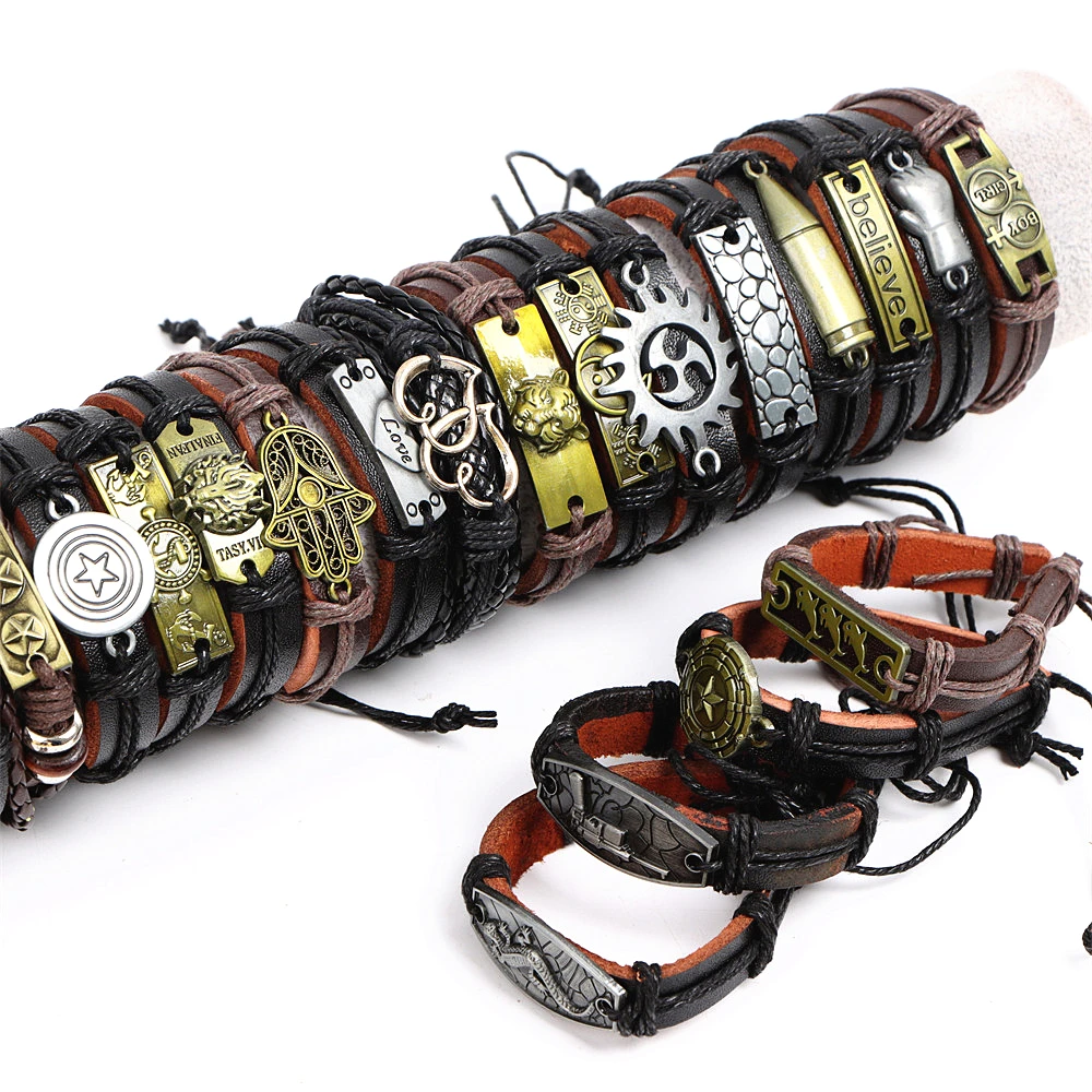 Wholesale Lots 30pcs Mixed Styles Vintage Alloy Leather Cuff Bracelets Jewelry - Foto 7