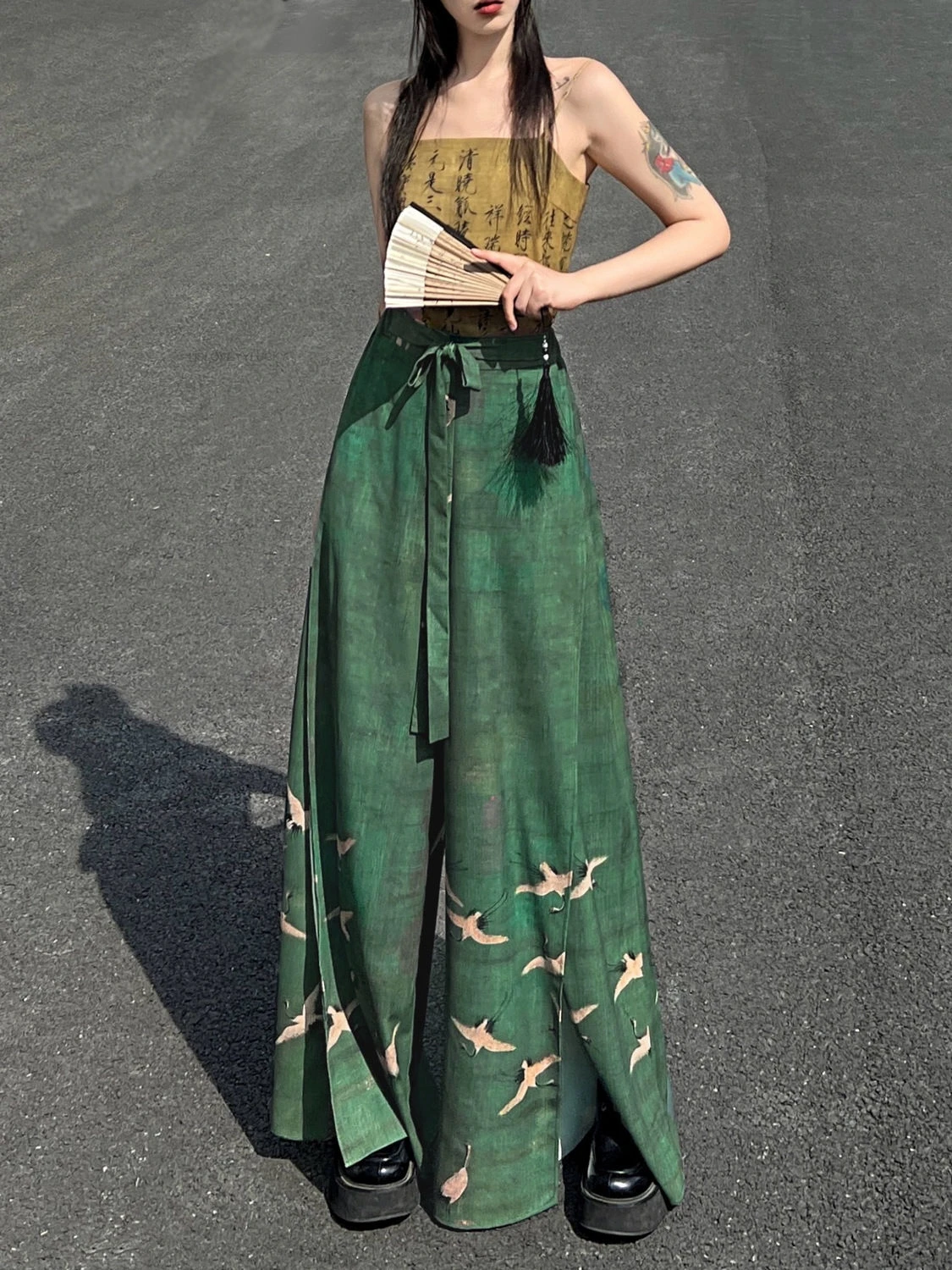 Chinese Ethnic Style Chiffon Print Wide-leg Pants Retro Waist Skirts Pants Casual Women's fashion improved hanfu Trousers
