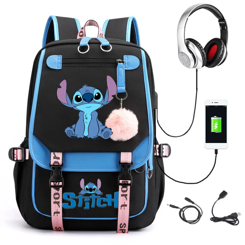 Stitch-mochila con carga USB para hombre y mujer, morral para ordenador portátil, bolsa de viaje de retales