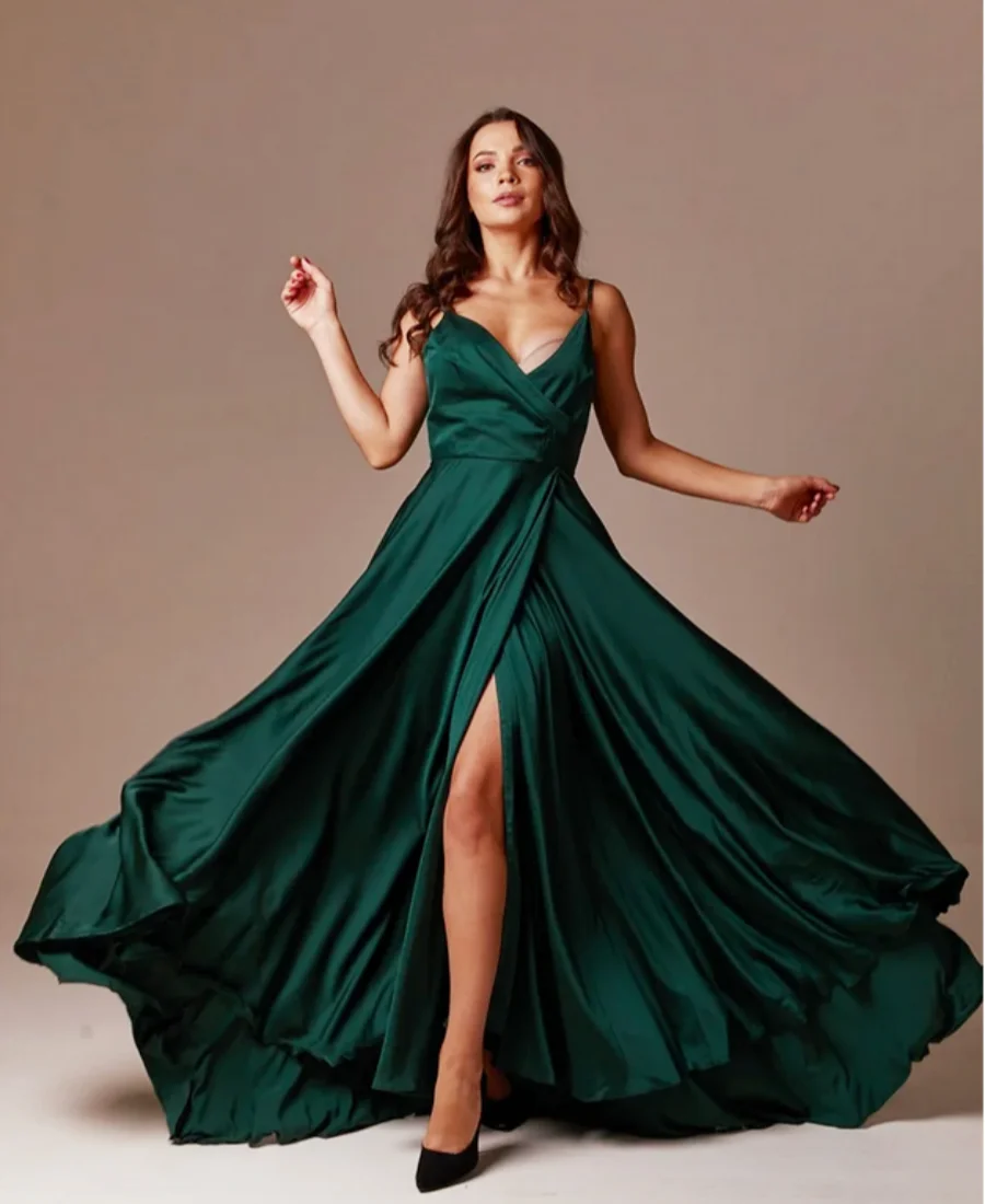 

Spaghetti Straps Deep V Neck Floor Length Emerald Green Silk Flared Wedding Guest Bridesmaid Dress Prom Dress платья вечернее