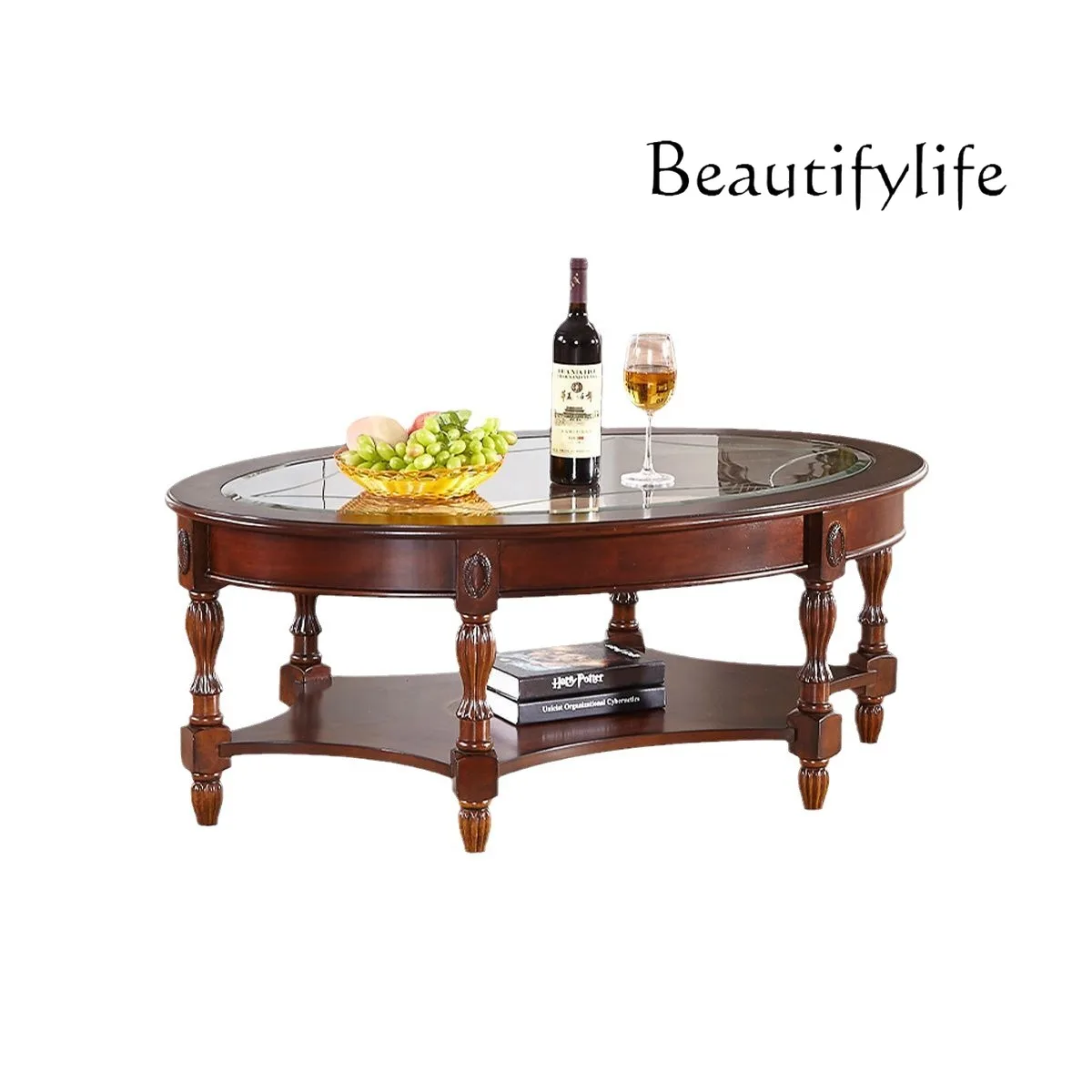 

American-Style Solid Wood Coffee Table Oval Coffee with Baseboard Coffee Table Tea Table Solid Wood