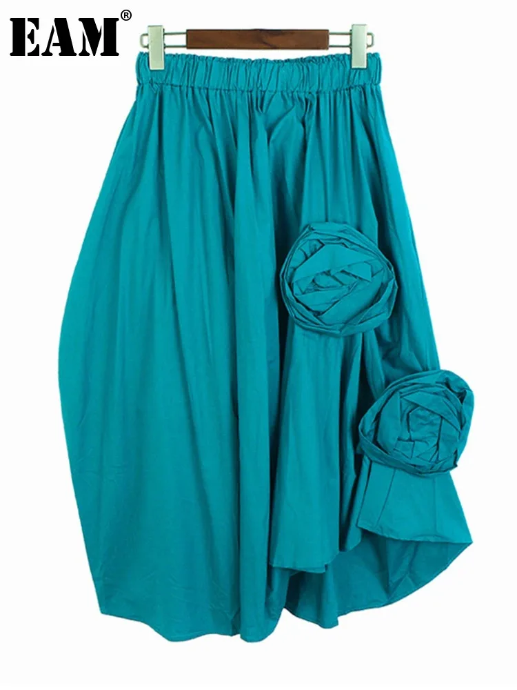 

[EAM] High Elastic Waist Blue Three-dimensional Flower Irregular Half-body Skirt Women Fashion New Spring Autumn 2024 1DH5314