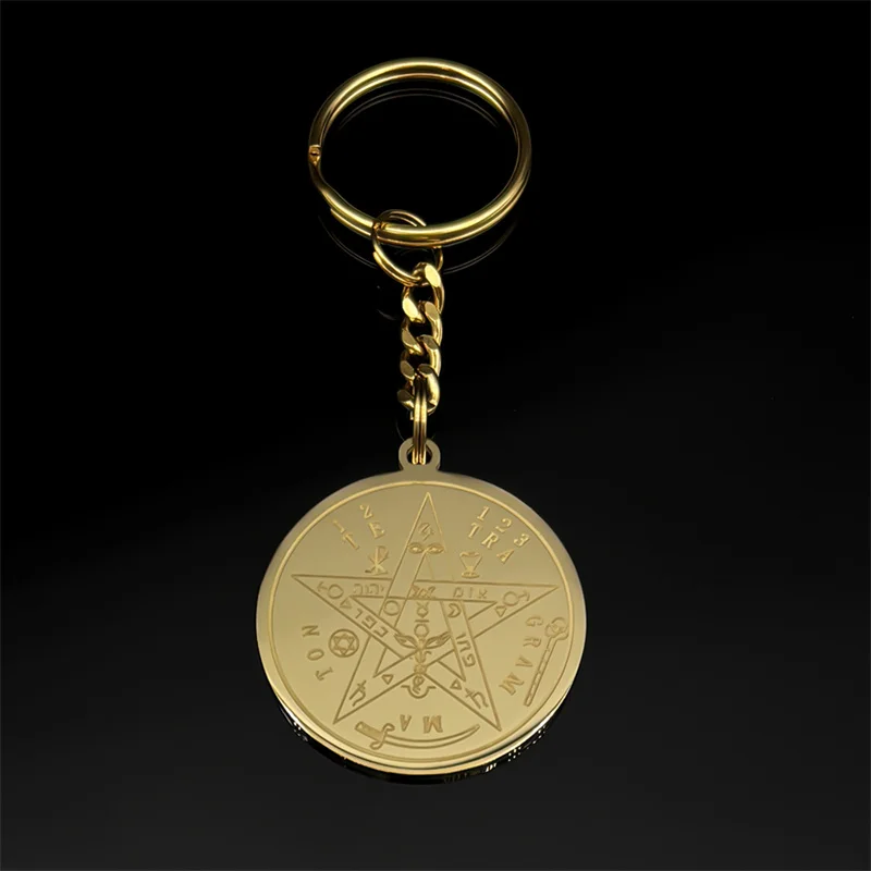Gothic Gold Farbe Pentagramm Schlüssel anhänger für Frauen Edelstahl Hexerei Original Tetra gramm aton Solomon Amulett Schmuck – Detail 3