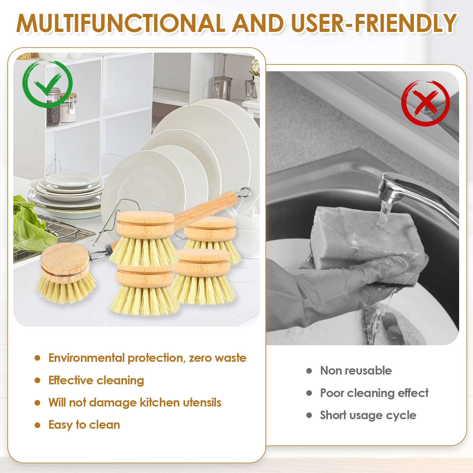 Eco-Friendly Bamboo Dish Scrub Brushes with Replaceable Heads - Durable Kitchen Cleaning Tools