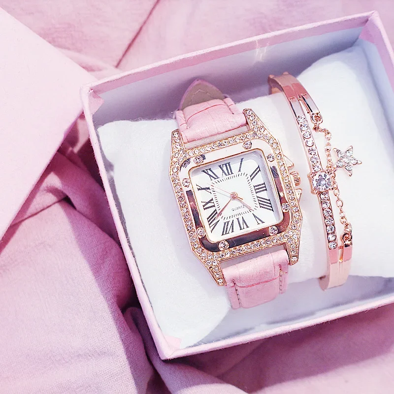 Women Quartz Watch Set Diamond Leather Band Bracelet