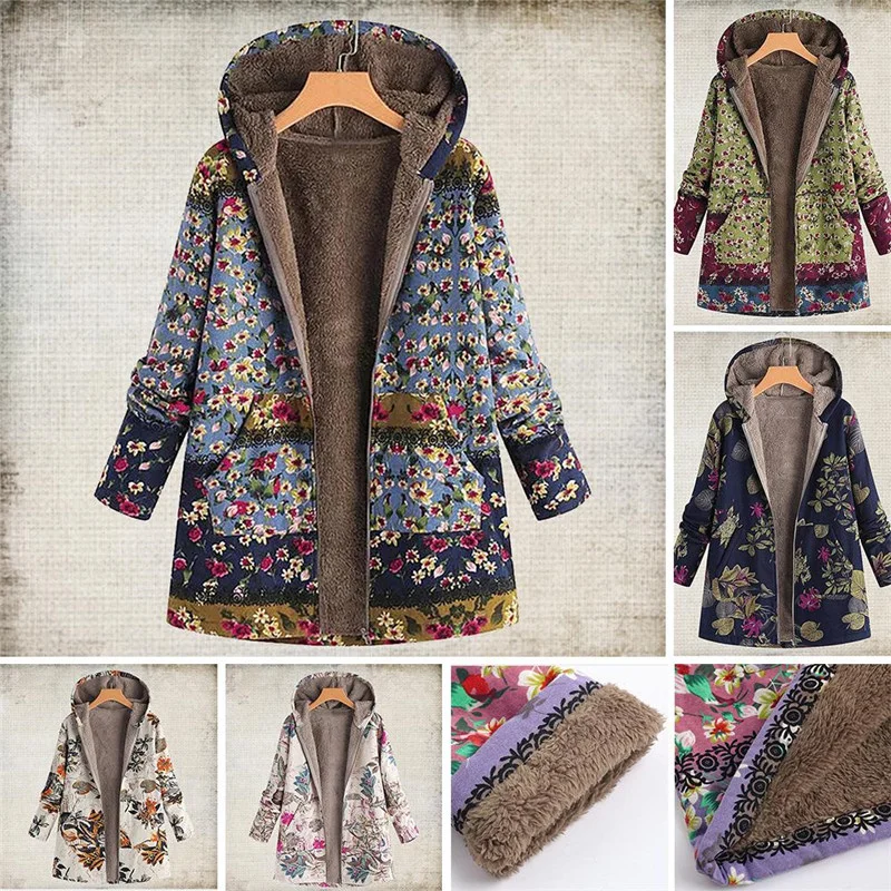 2021 Autumn Winter Women Warm Coats Vintage Plus Size Casual Printed Hooded Outwear Fashion Long Sleeve Zipper Jackets black puffer coat