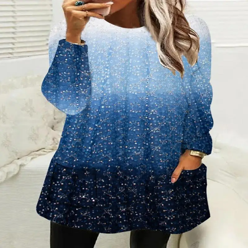 

Plus Size Women Long Sleeve Scoop Neck Gradient Pockets Tops
