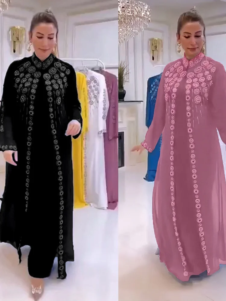 

Luxury Rhinestones African Dress for Women Kaftan Africa Clothing Ramadan Robe Chiffon Long Dress Islam Muslim Abaya 2 Piece Set