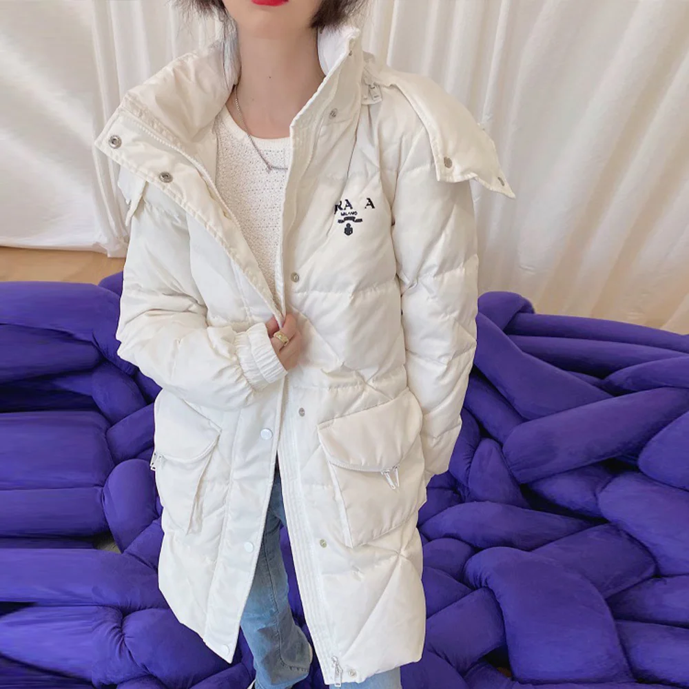 

Women's Winter Jacket P Family 2023 New Letter Decoration Diamond Medium Length Hooded Cotton Coat Women's 3D Large Pocket Coat